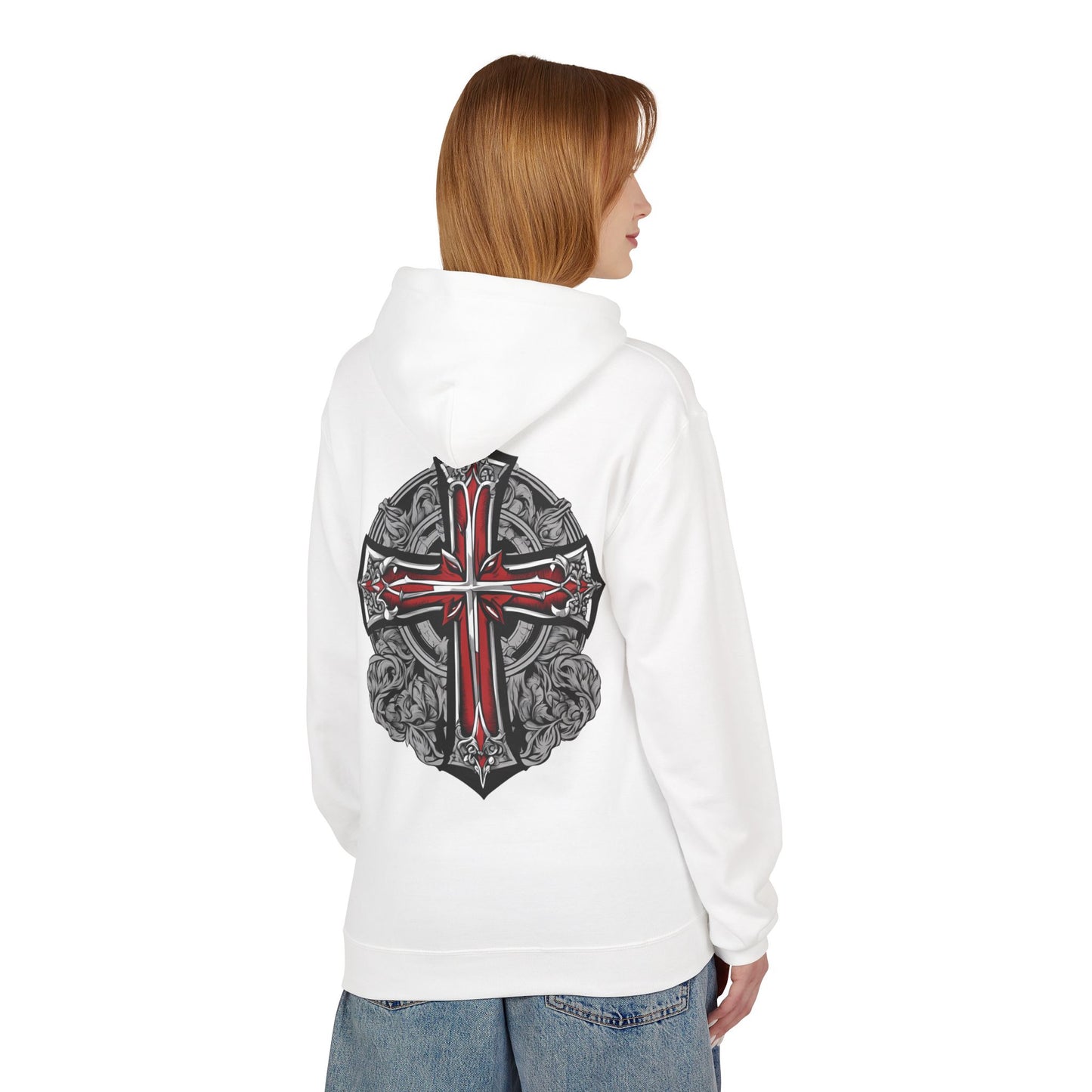 Unisex Midweight Fleece Hoodie with Gothic Cross Design - Perfect for Casual Wear and Spiritual Occasions