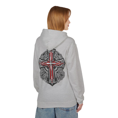 Unisex Midweight Fleece Hoodie with Gothic Cross Design - Perfect for Casual Wear and Spiritual Occasions