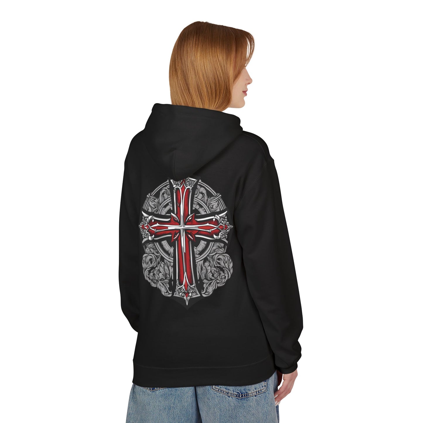 Unisex Midweight Fleece Hoodie with Gothic Cross Design - Perfect for Casual Wear and Spiritual Occasions