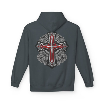 Unisex Midweight Fleece Hoodie with Gothic Cross Design - Perfect for Casual Wear and Spiritual Occasions