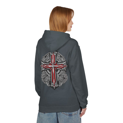 Unisex Midweight Fleece Hoodie with Gothic Cross Design - Perfect for Casual Wear and Spiritual Occasions