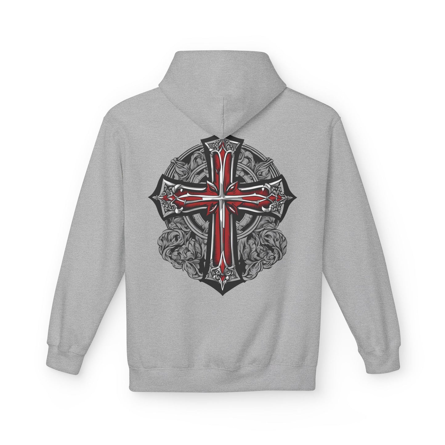 Unisex Midweight Fleece Hoodie with Gothic Cross Design - Perfect for Casual Wear and Spiritual Occasions