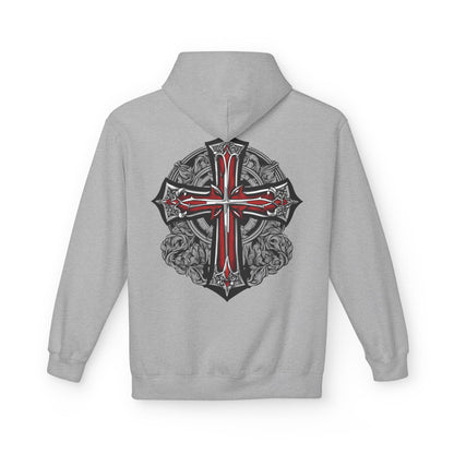 Unisex Midweight Fleece Hoodie with Gothic Cross Design - Perfect for Casual Wear and Spiritual Occasions