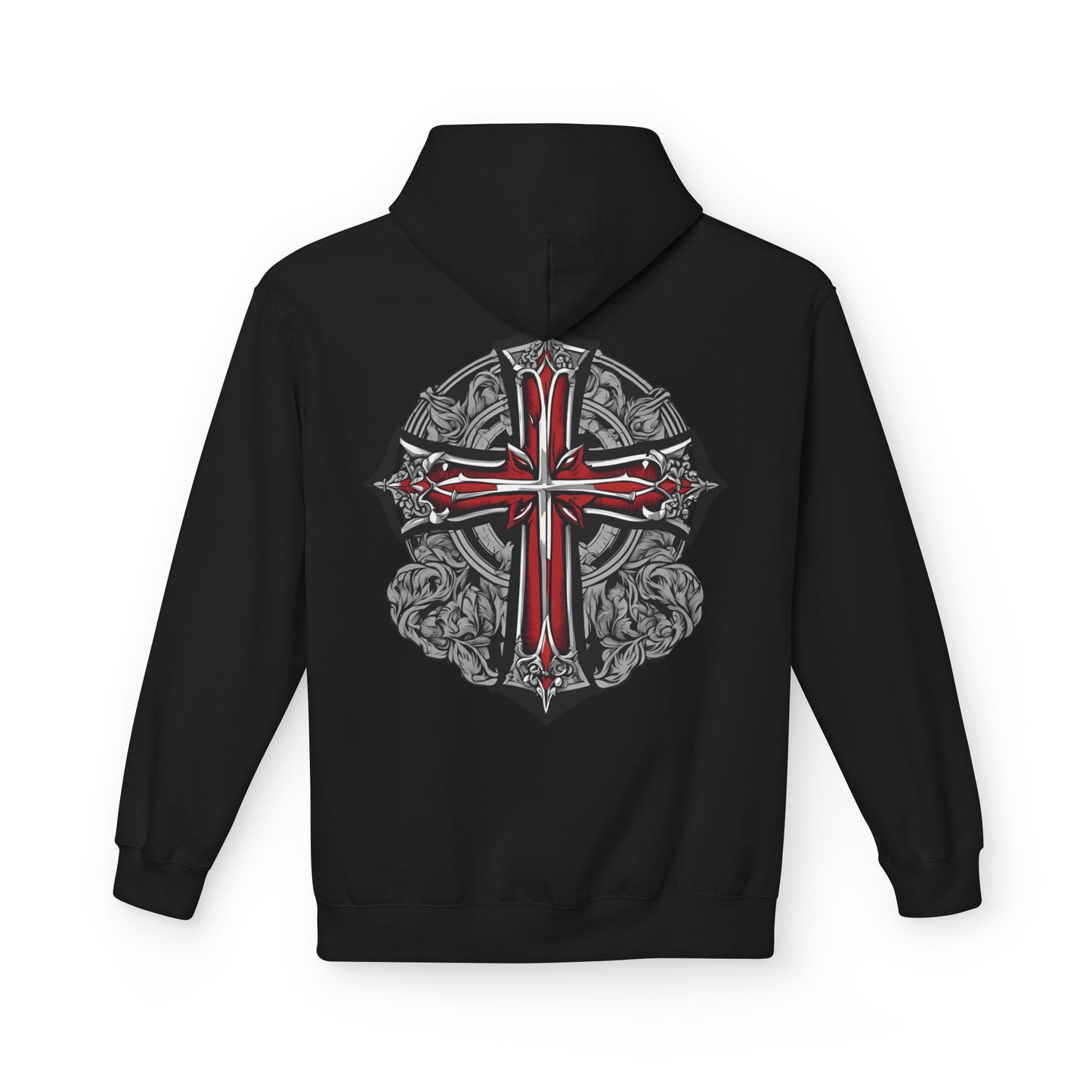 Unisex Midweight Fleece Hoodie with Gothic Cross Design - Perfect for Casual Wear and Spiritual Occasions