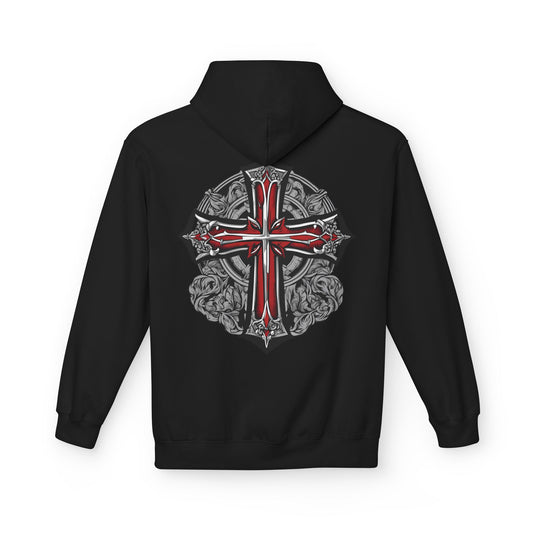 Unisex Midweight Fleece Hoodie with Gothic Cross Design - Perfect for Casual Wear and Spiritual Occasions