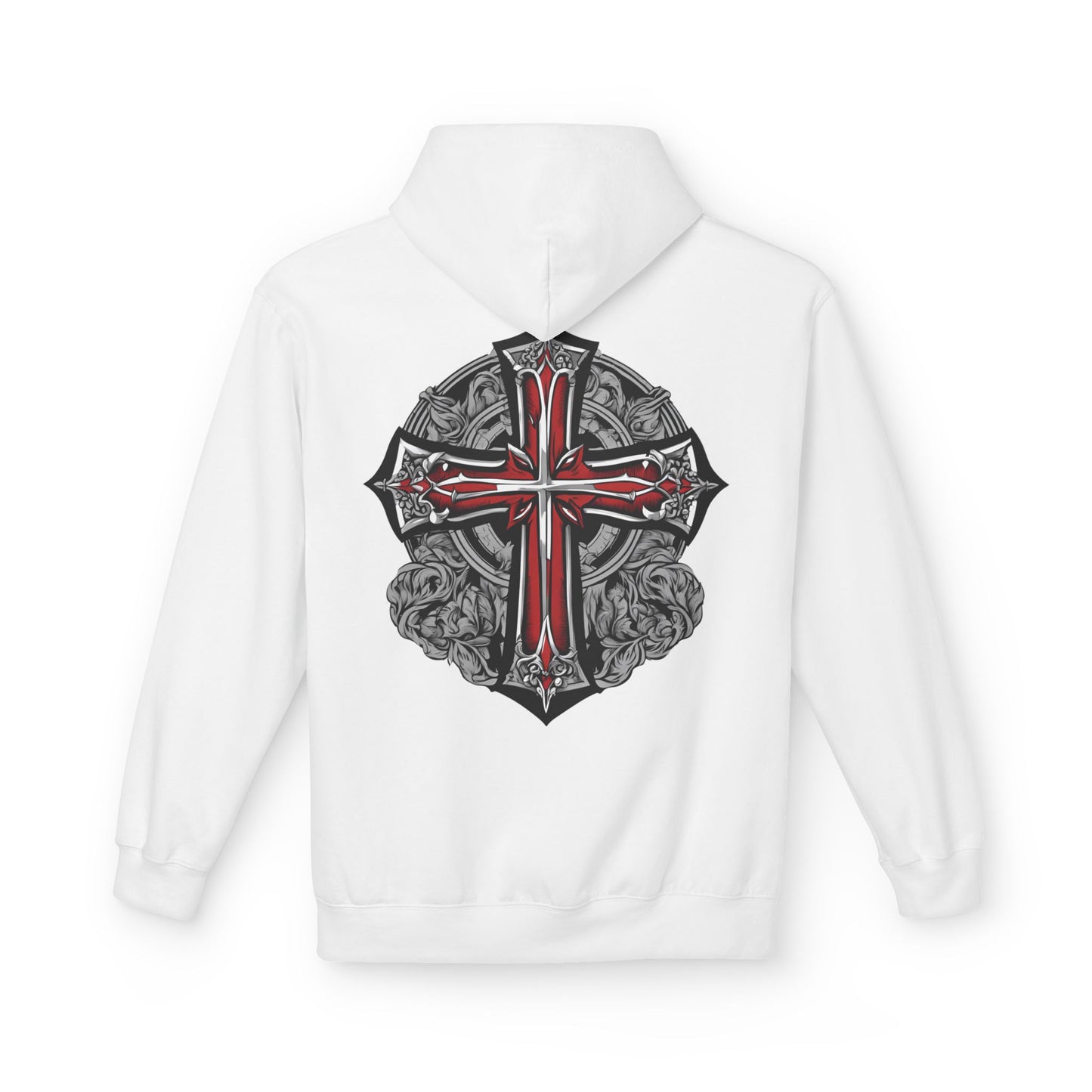 Unisex Midweight Fleece Hoodie with Gothic Cross Design - Perfect for Casual Wear and Spiritual Occasions