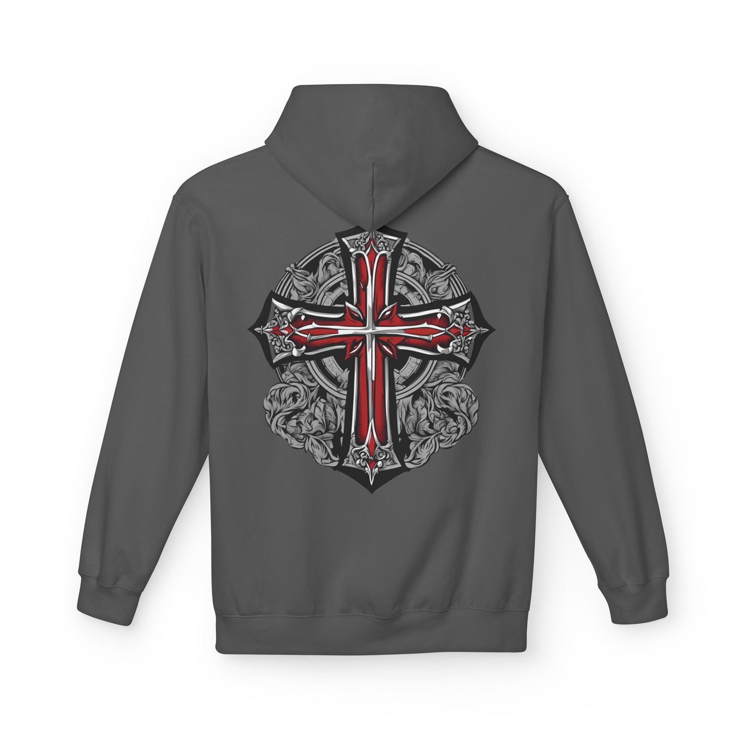 Unisex Midweight Fleece Hoodie with Gothic Cross Design - Perfect for Casual Wear and Spiritual Occasions