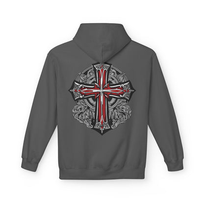 Unisex Midweight Fleece Hoodie with Gothic Cross Design - Perfect for Casual Wear and Spiritual Occasions